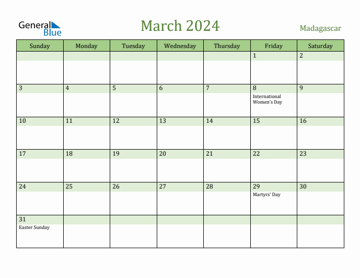 March 2024 Calendar with Madagascar Holidays