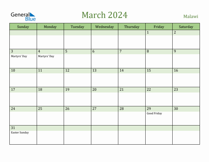 March 2024 Calendar with Malawi Holidays