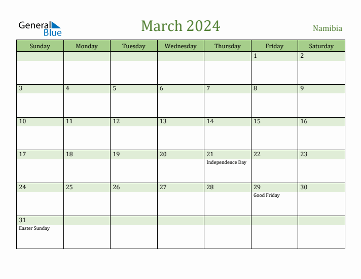 March 2024 Calendar with Namibia Holidays