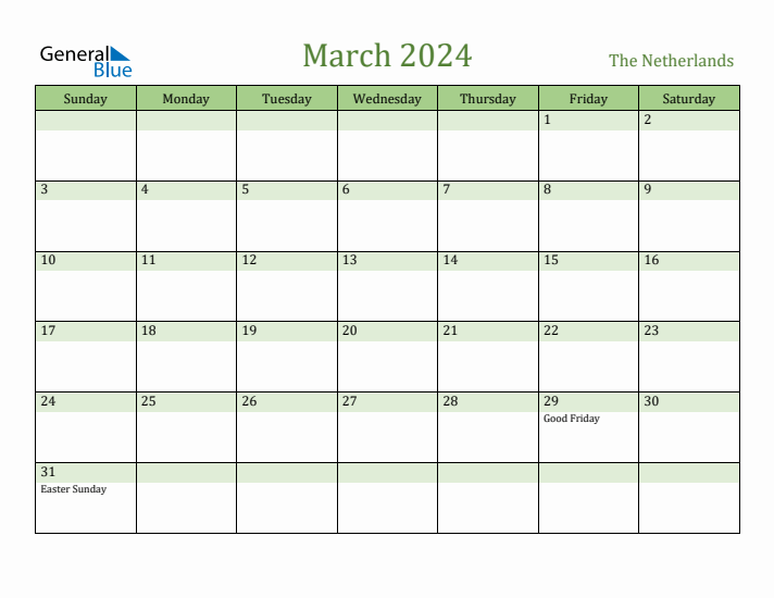 March 2024 Calendar with The Netherlands Holidays