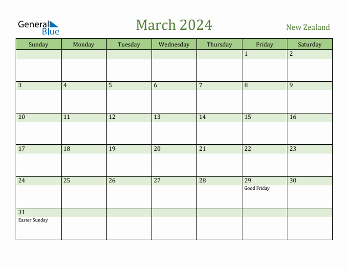 March 2024 Calendar with New Zealand Holidays