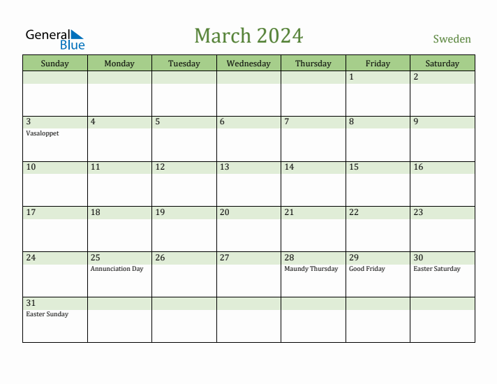 March 2024 Calendar with Sweden Holidays