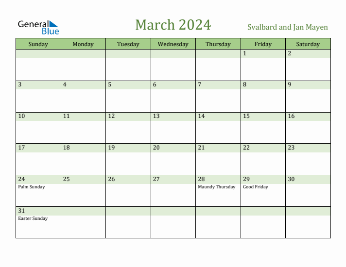 March 2024 Calendar with Svalbard and Jan Mayen Holidays