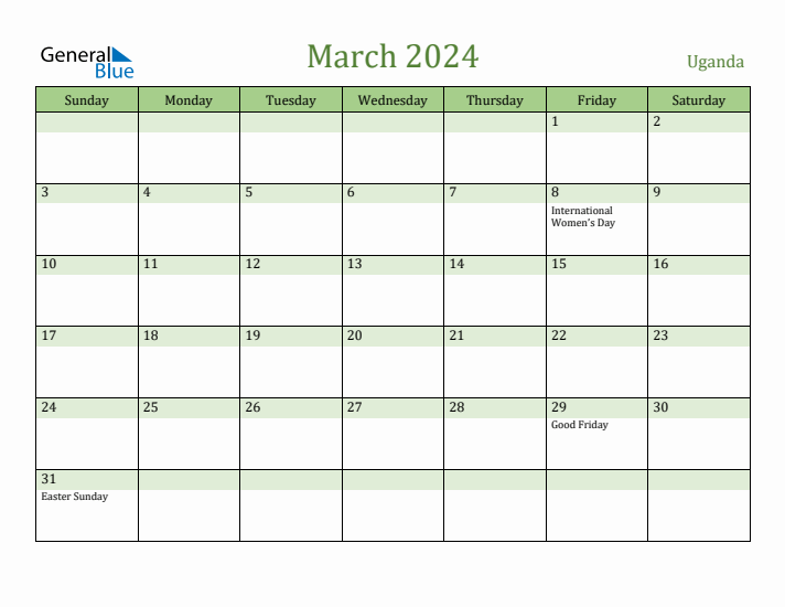 March 2024 Calendar with Uganda Holidays