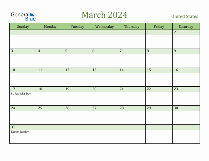 March 2024 Calendar with United States Holidays