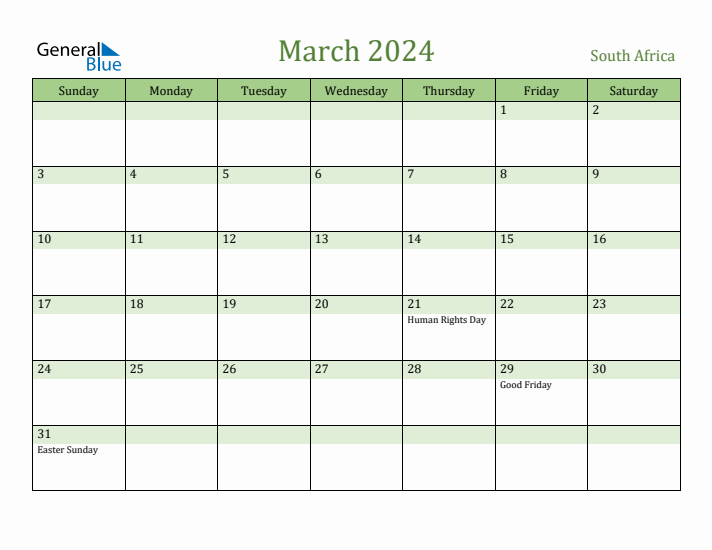 March 2024 Calendar with South Africa Holidays