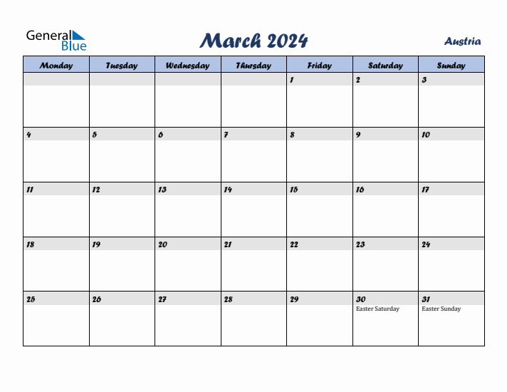 March 2024 Calendar with Holidays in Austria