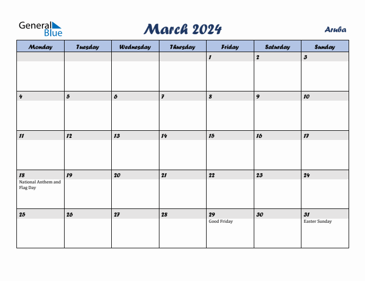 March 2024 Calendar with Holidays in Aruba