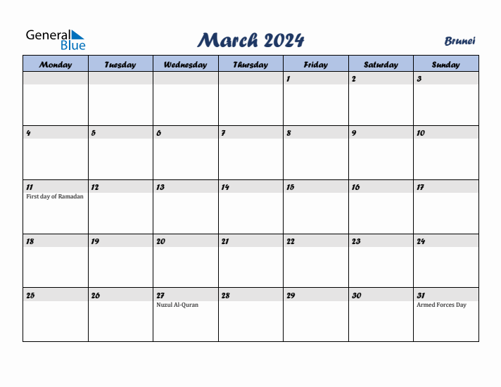 March 2024 Calendar with Holidays in Brunei