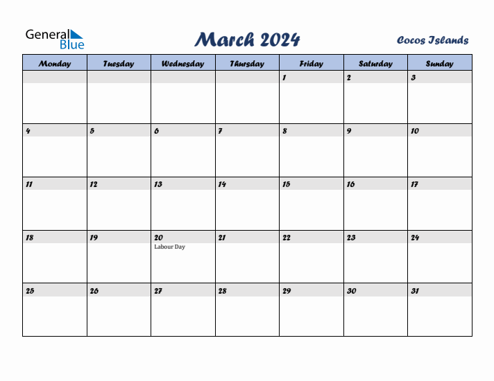 March 2024 Calendar with Holidays in Cocos Islands