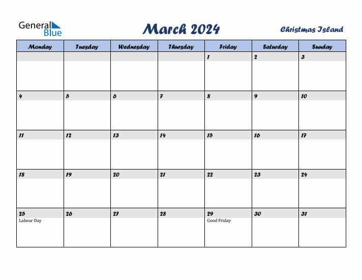 March 2024 Calendar with Holidays in Christmas Island