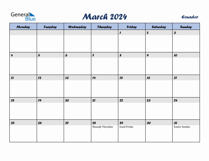 March 2024 Calendar with Holidays in Ecuador