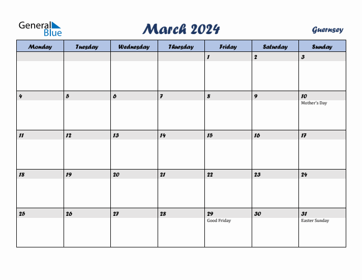 March 2024 Calendar with Holidays in Guernsey