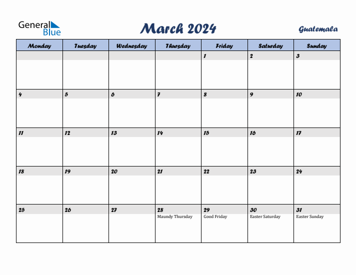 March 2024 Calendar with Holidays in Guatemala