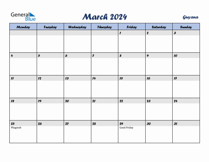 March 2024 Calendar with Holidays in Guyana