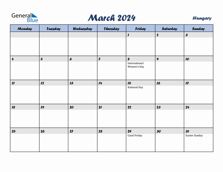 March 2024 Calendar with Holidays in Hungary