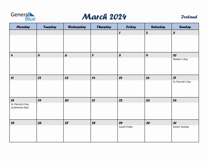 March 2024 Calendar with Holidays in Ireland