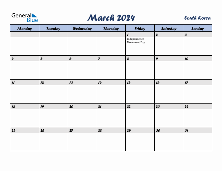 March 2024 Calendar with Holidays in South Korea