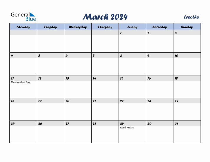 March 2024 Calendar with Holidays in Lesotho