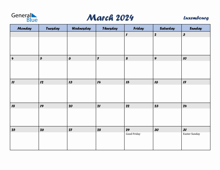 March 2024 Calendar with Holidays in Luxembourg