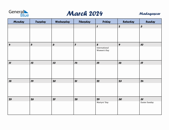 March 2024 Calendar with Holidays in Madagascar