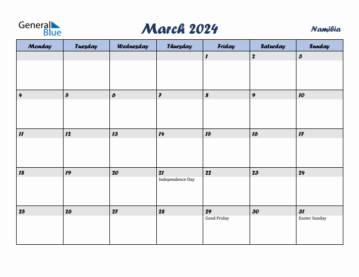 March 2024 Calendar with Holidays in Namibia