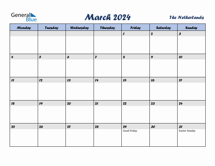 March 2024 Calendar with Holidays in The Netherlands