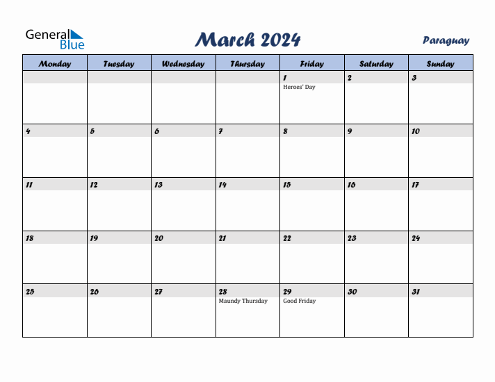 March 2024 Calendar with Holidays in Paraguay