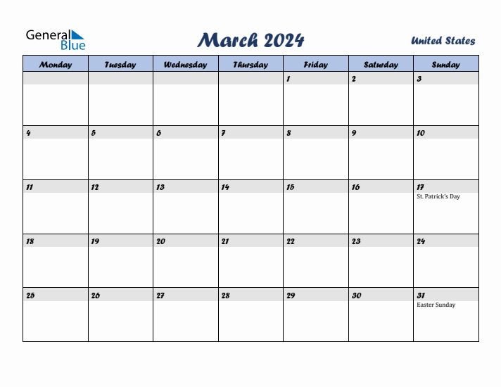 March 2024 Calendar with Holidays in United States