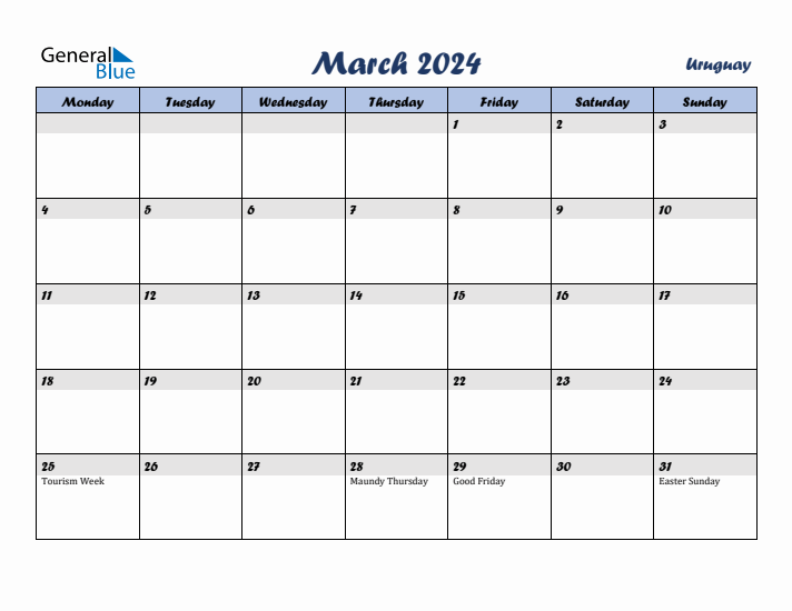 March 2024 Calendar with Holidays in Uruguay