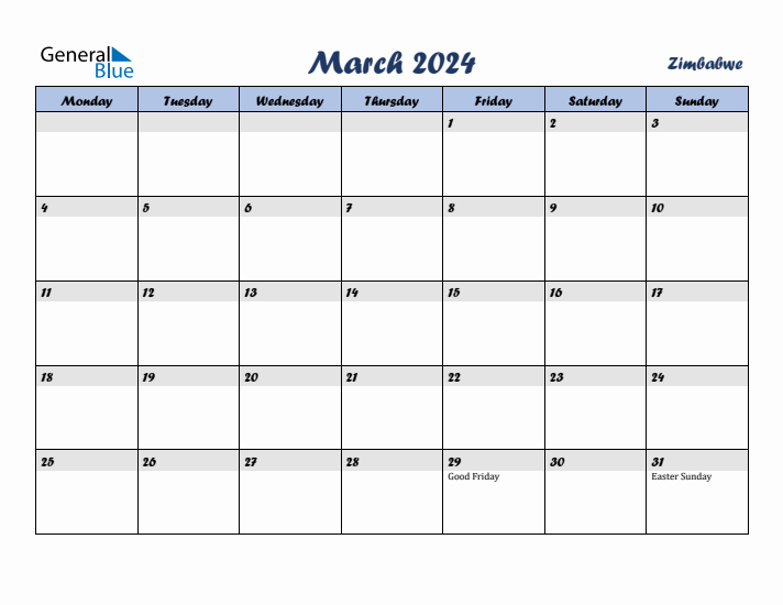 March 2024 Calendar with Holidays in Zimbabwe