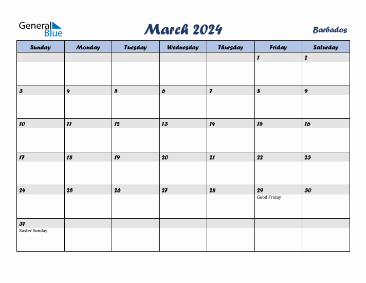 March 2024 Calendar with Holidays in Barbados