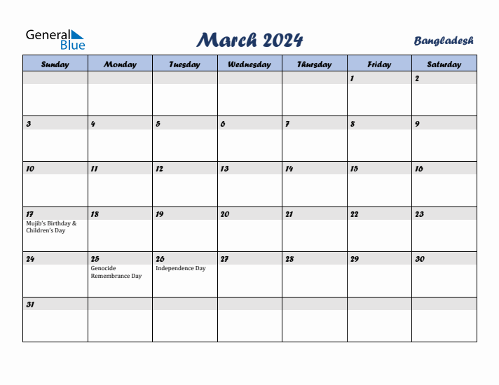 March 2024 Calendar with Holidays in Bangladesh