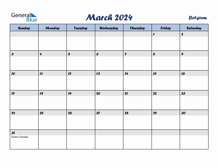 March 2024 Calendar with Holidays in Belgium