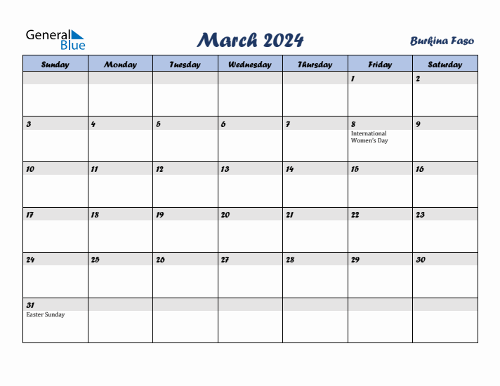 March 2024 Calendar with Holidays in Burkina Faso