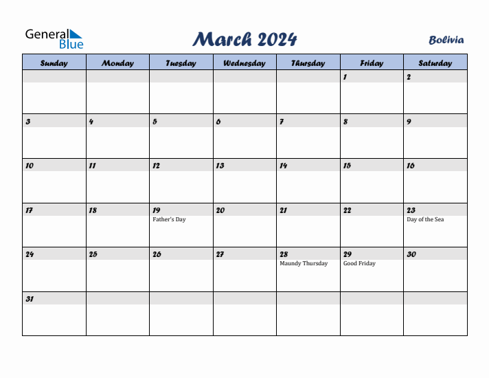 March 2024 Calendar with Holidays in Bolivia