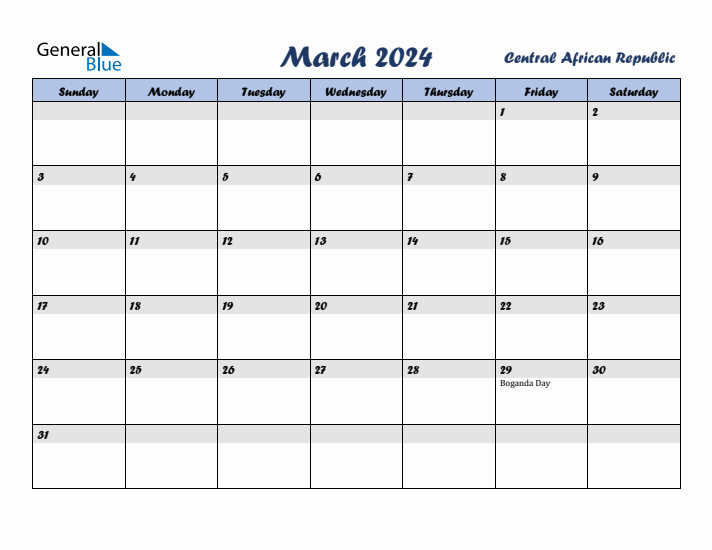 March 2024 Calendar with Holidays in Central African Republic