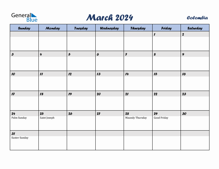 March 2024 Calendar with Holidays in Colombia