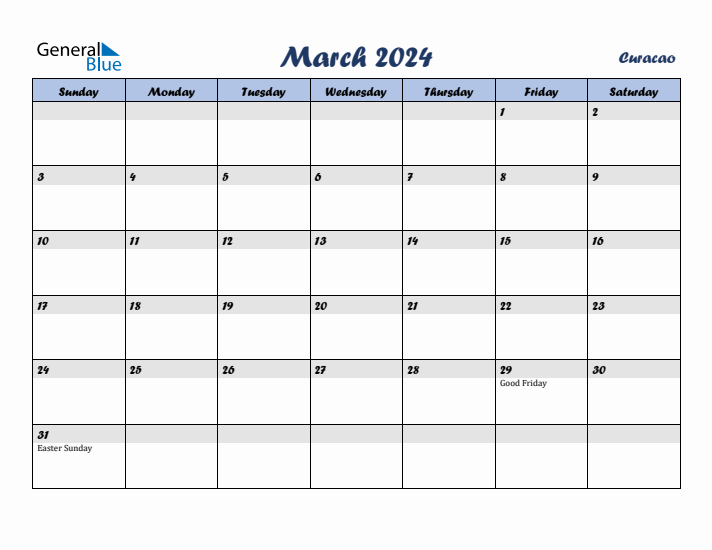 March 2024 Calendar with Holidays in Curacao