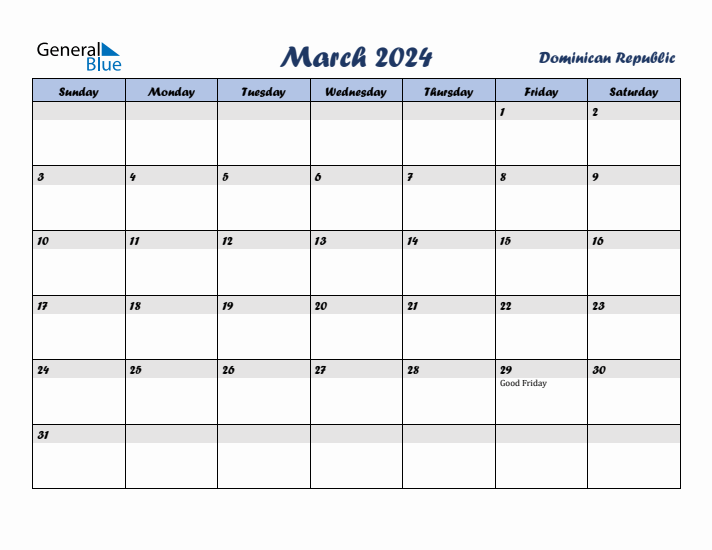 March 2024 Calendar with Holidays in Dominican Republic