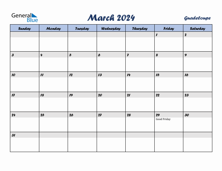 March 2024 Calendar with Holidays in Guadeloupe