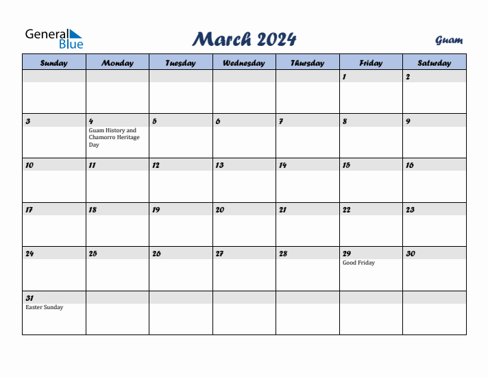 March 2024 Calendar with Holidays in Guam