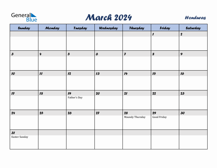 March 2024 Calendar with Holidays in Honduras