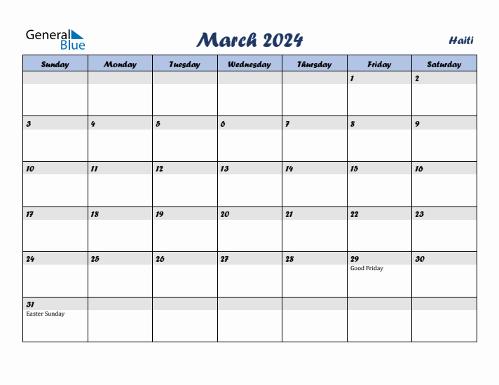 March 2024 Calendar with Holidays in Haiti