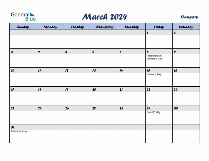 March 2024 Calendar with Holidays in Hungary