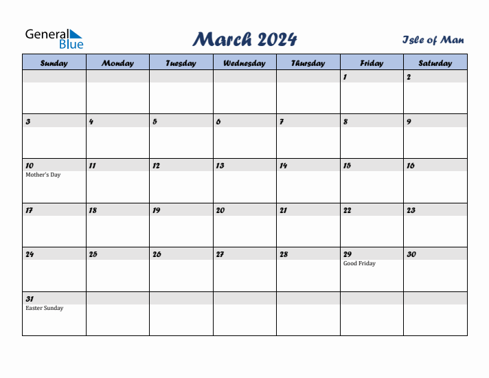 March 2024 Calendar with Holidays in Isle of Man