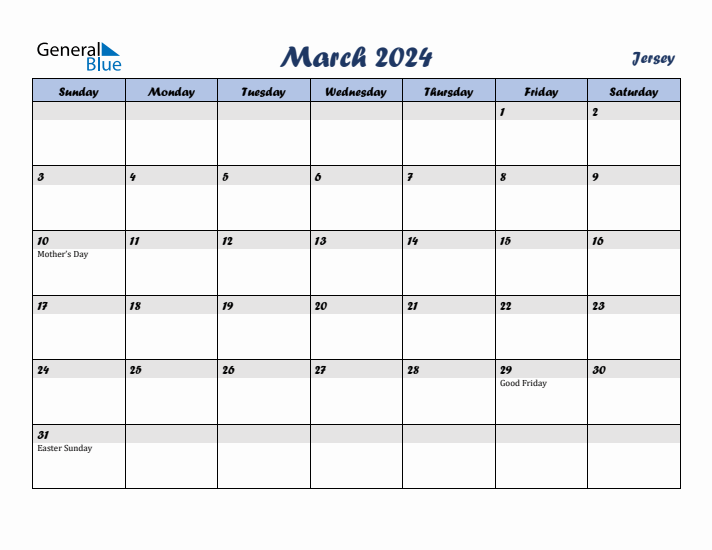 March 2024 Calendar with Holidays in Jersey