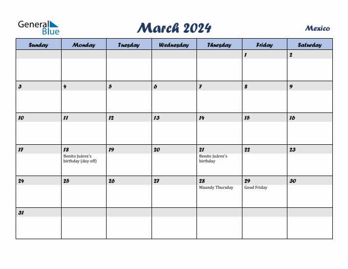 March 2024 Calendar with Holidays in Mexico