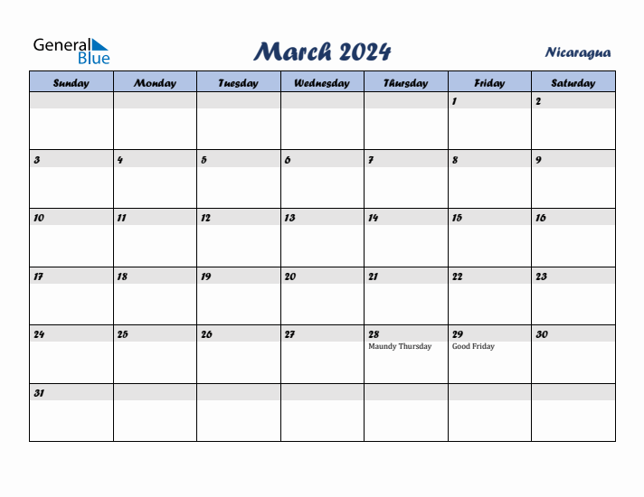 March 2024 Calendar with Holidays in Nicaragua