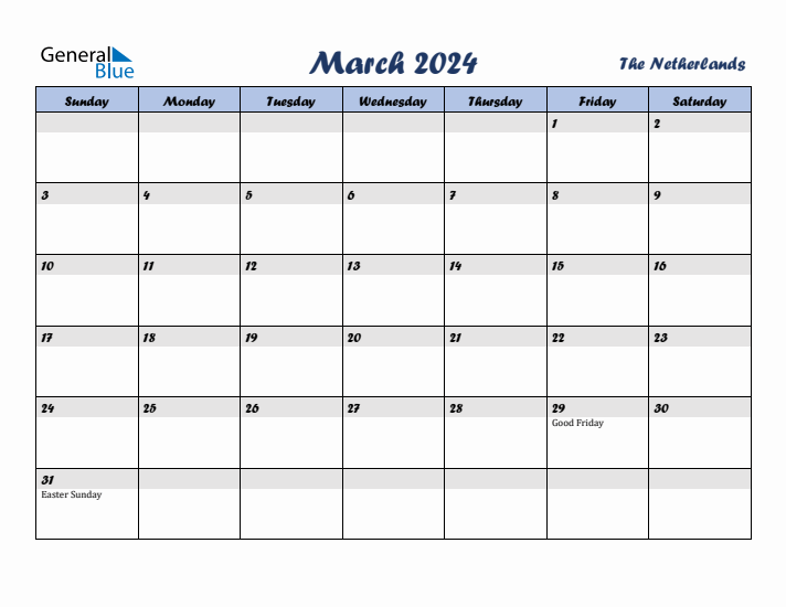 March 2024 Calendar with Holidays in The Netherlands